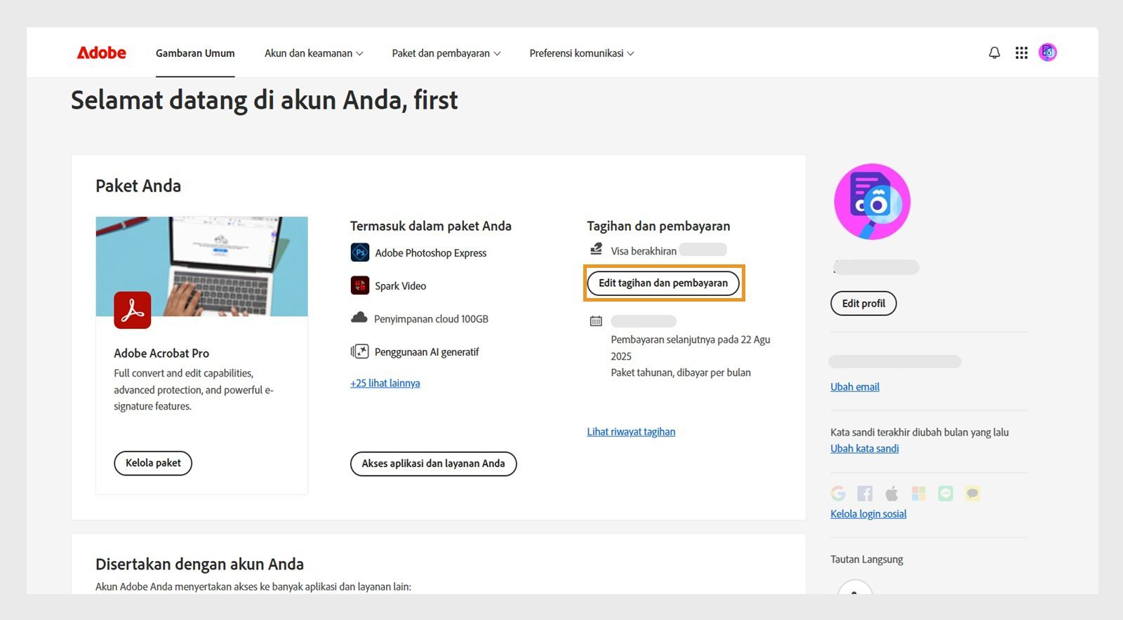 Tombol Edit penagihan dan pembayaran di bawah Penagihan dan pembayaran di bagian Paket Anda menyediakan opsi untuk menambahkan atau mengedit detail pembayaran.