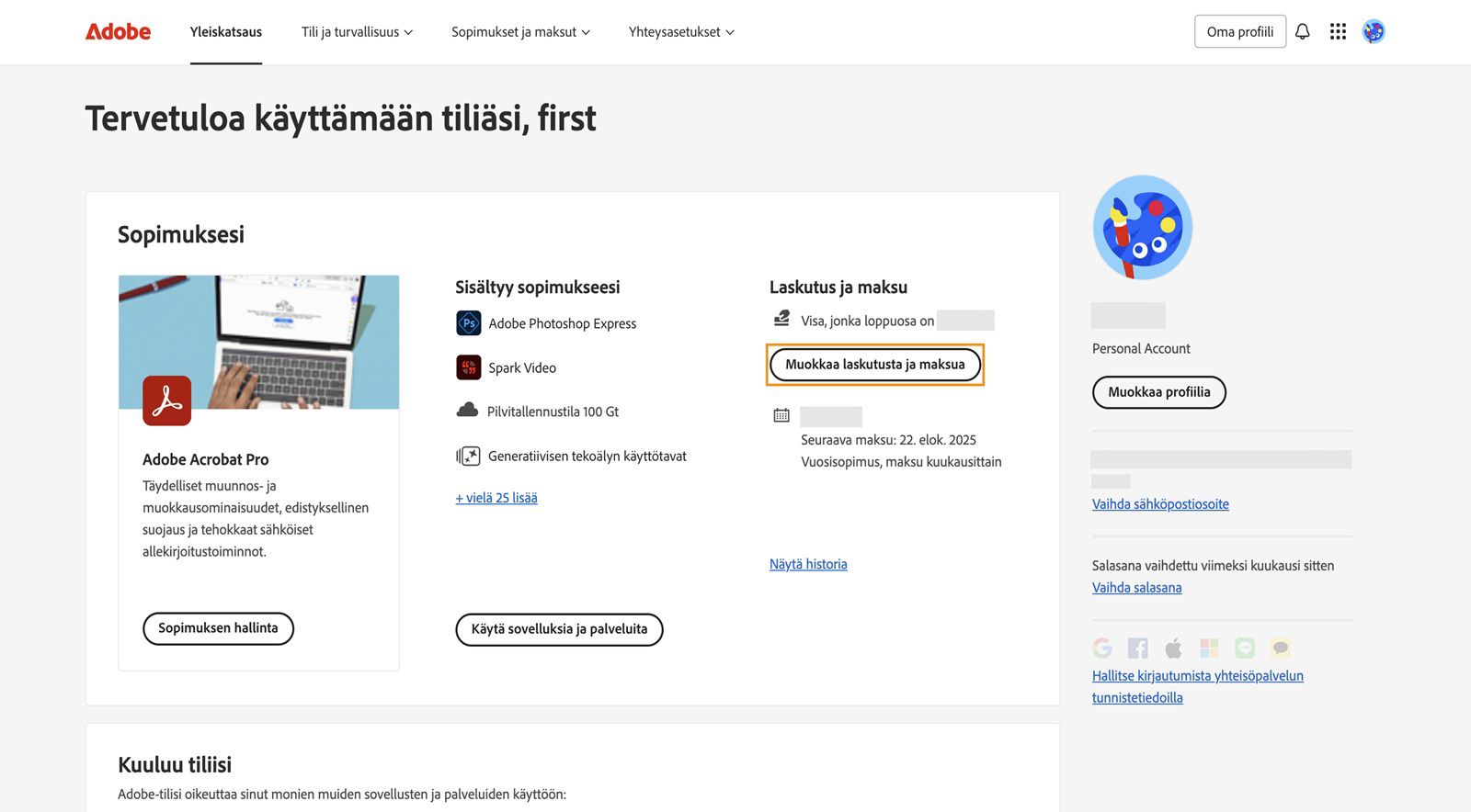 Oma tilaus -osan Laskutus ja maksutiedot -kohdan Muokkaa laskutusta ja maksua -painikkeella voi lisätä tai muokata maksutietoja. 