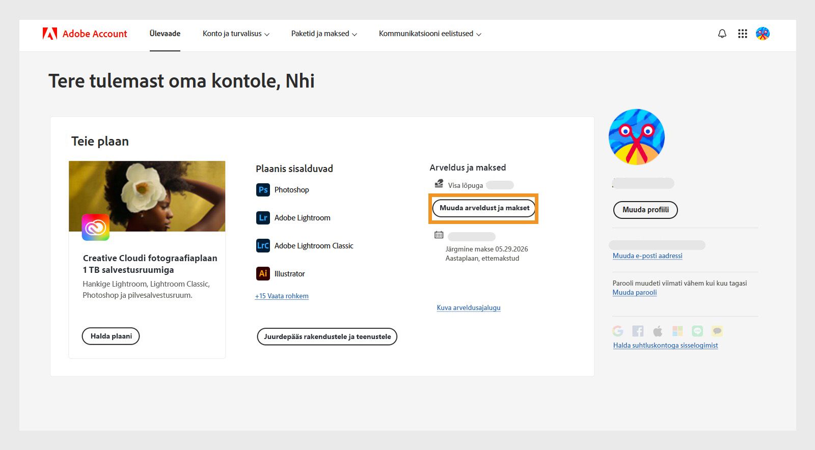 Nupp „Muuda arveldust ja makset“ jaotises „Teie plaan“ alamjaotises „Arveldus ja makse“ võimaldab lisada või muuta makseandmeid. 