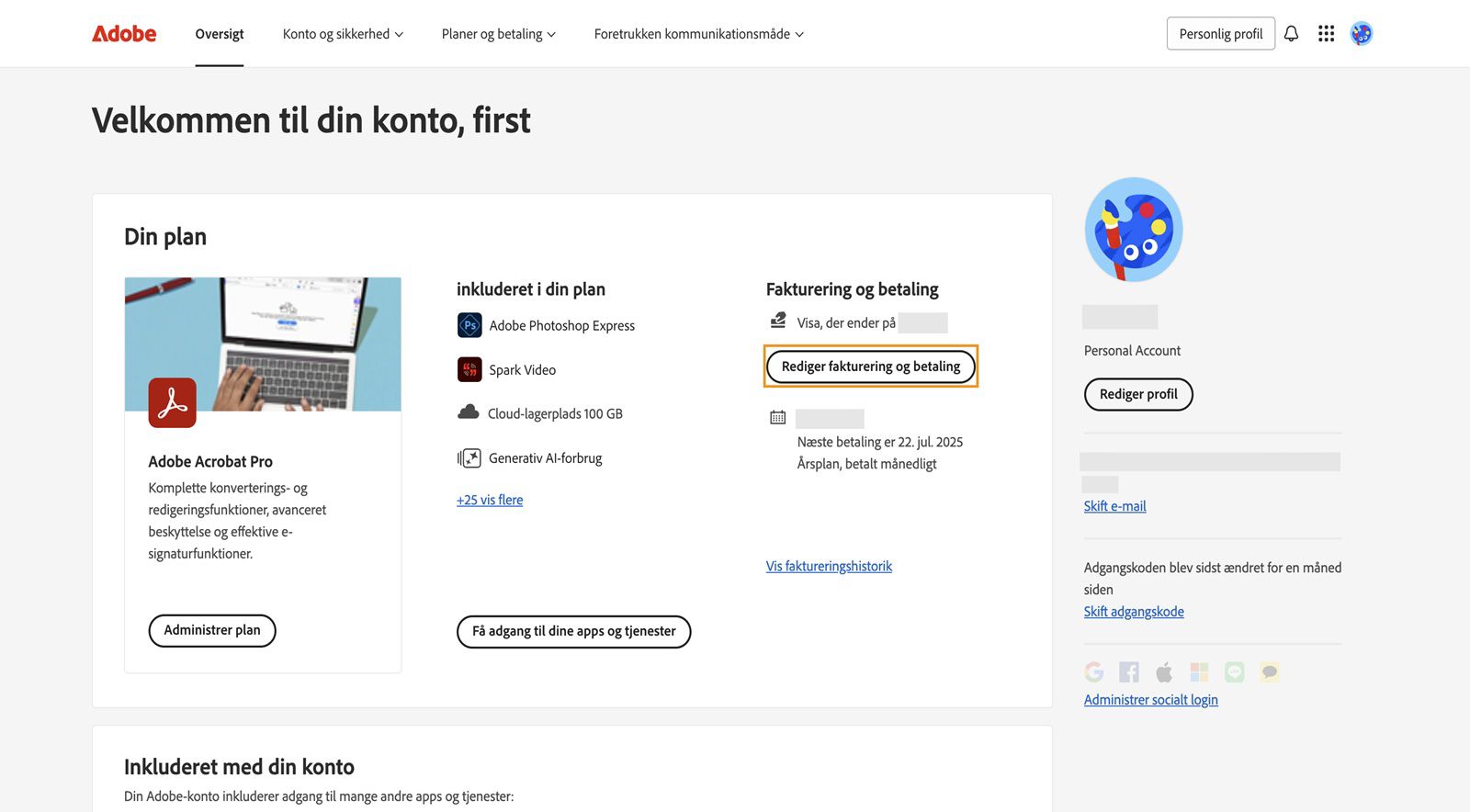 Knappen Rediger fakturering og betaling under Fakturering og betaling i sektionen Din plan giver mulighed for at tilføje eller redigere betalingsoplysninger.