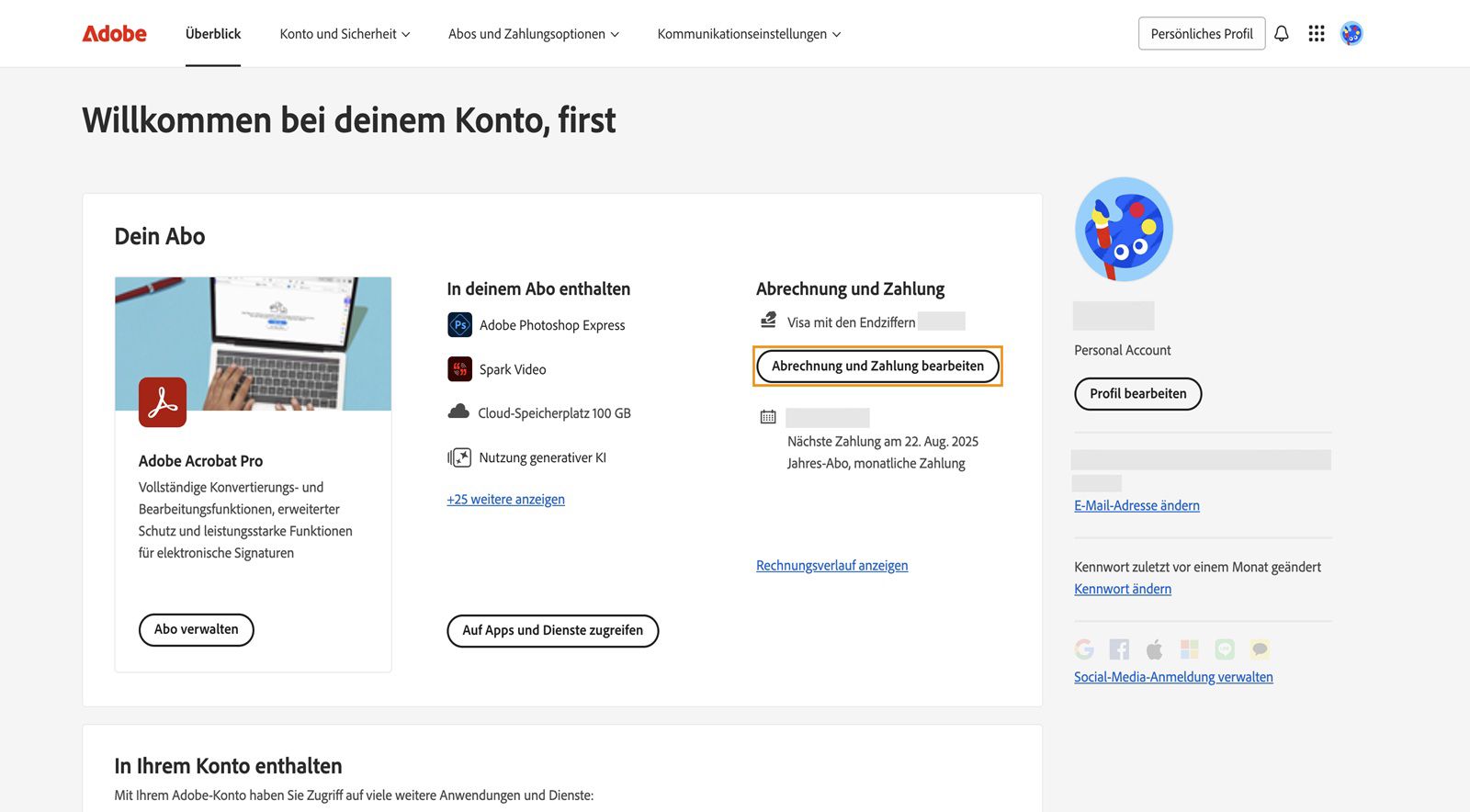 Der Button „Abrechnung und Zahlung bearbeiten&quot; unter „Abrechnung und Zahlung&quot; im Abschnitt „Dein Abo“ bietet die Möglichkeit, Zahlungsdetails hinzuzufügen oder zu bearbeiten. 