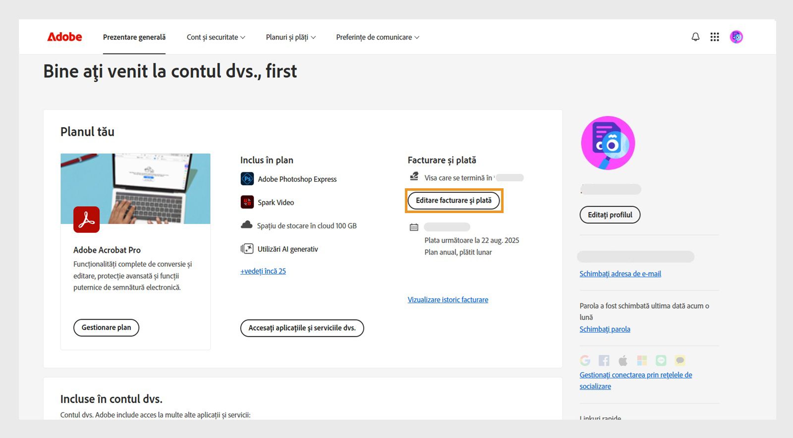 Editați detaliile de facturare și plată