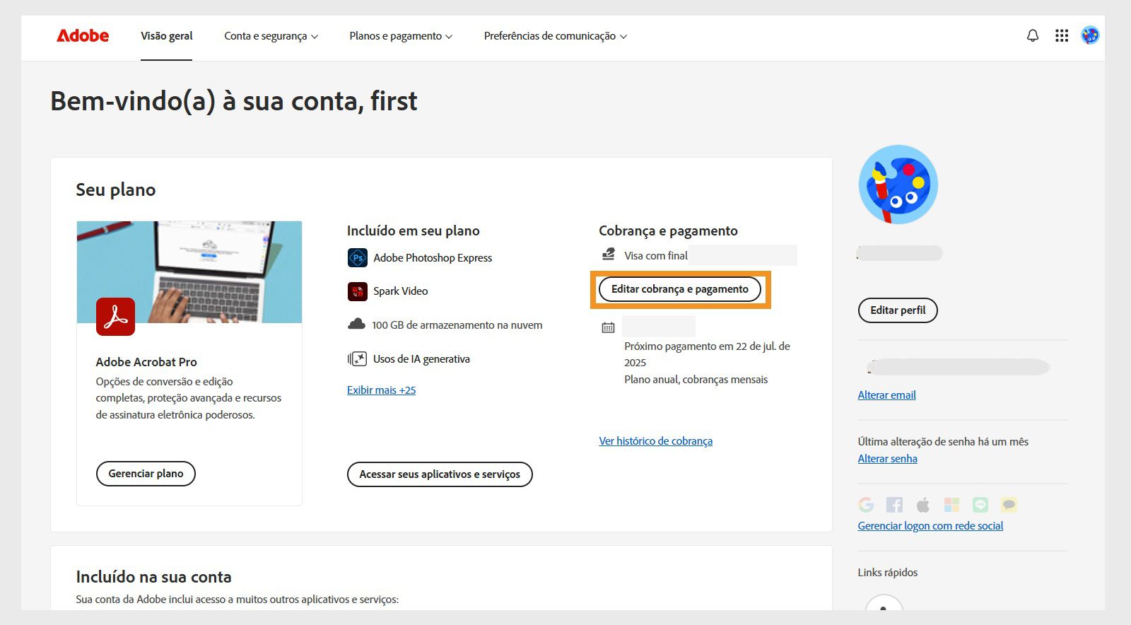 Editar detalhes de cobrança e pagamento