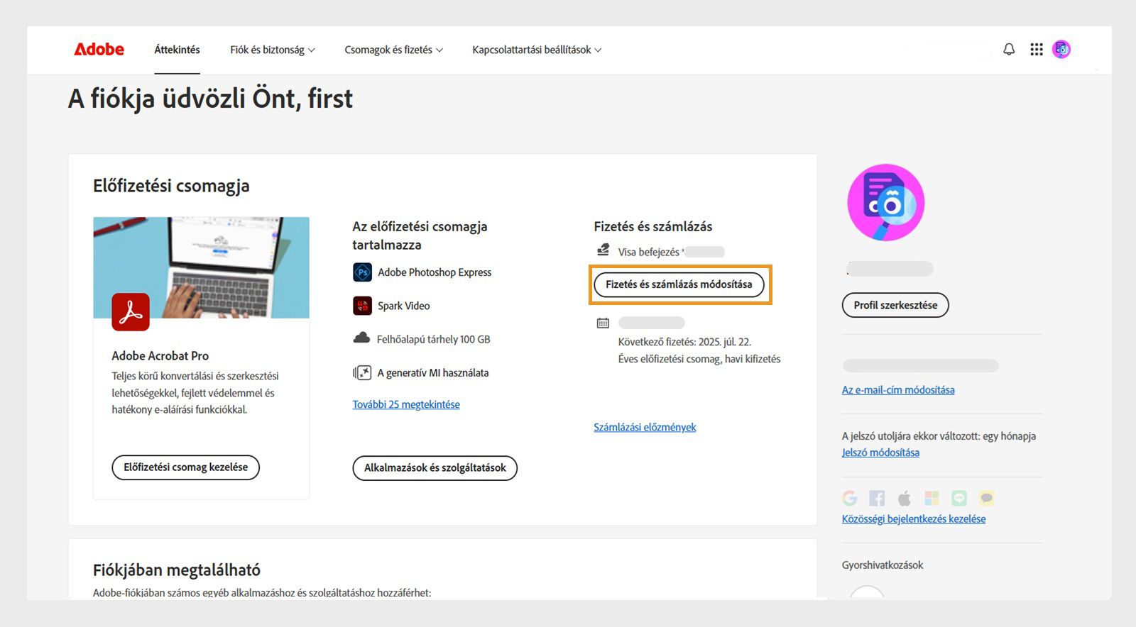 A számlázási és fizetési adatok szerkesztése