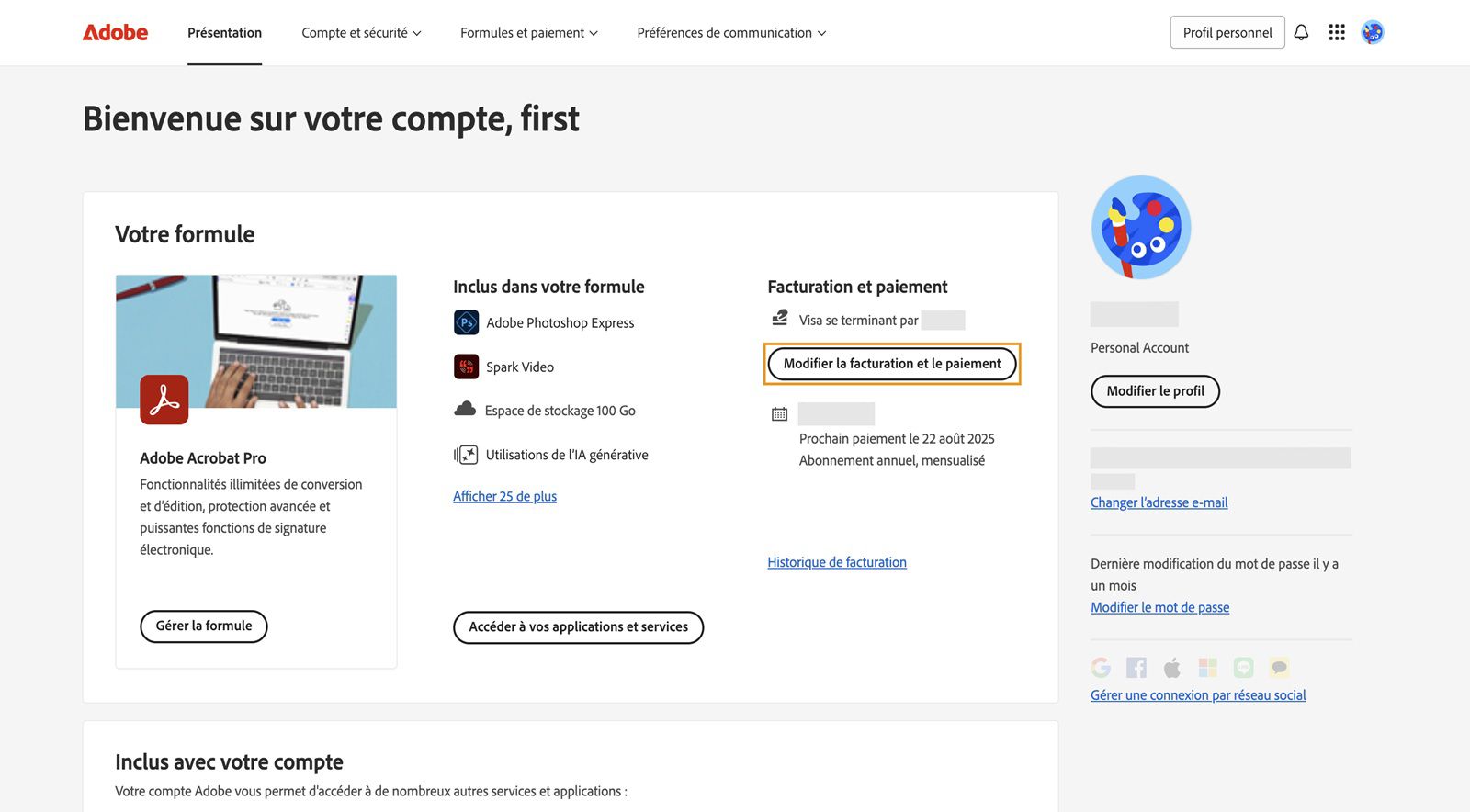 Modifiez les détails de facturation et de paiement