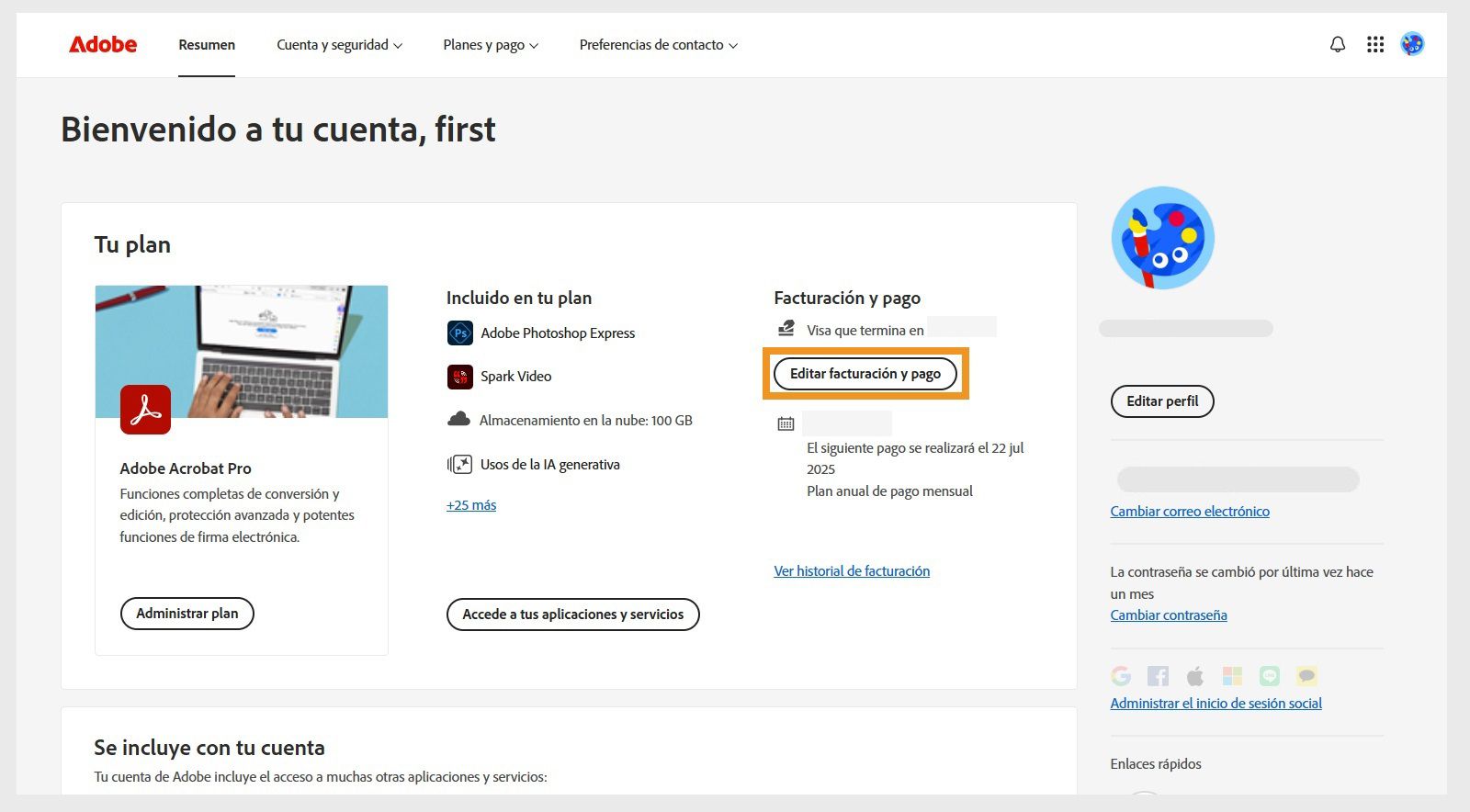 Editar datos de facturación y pago