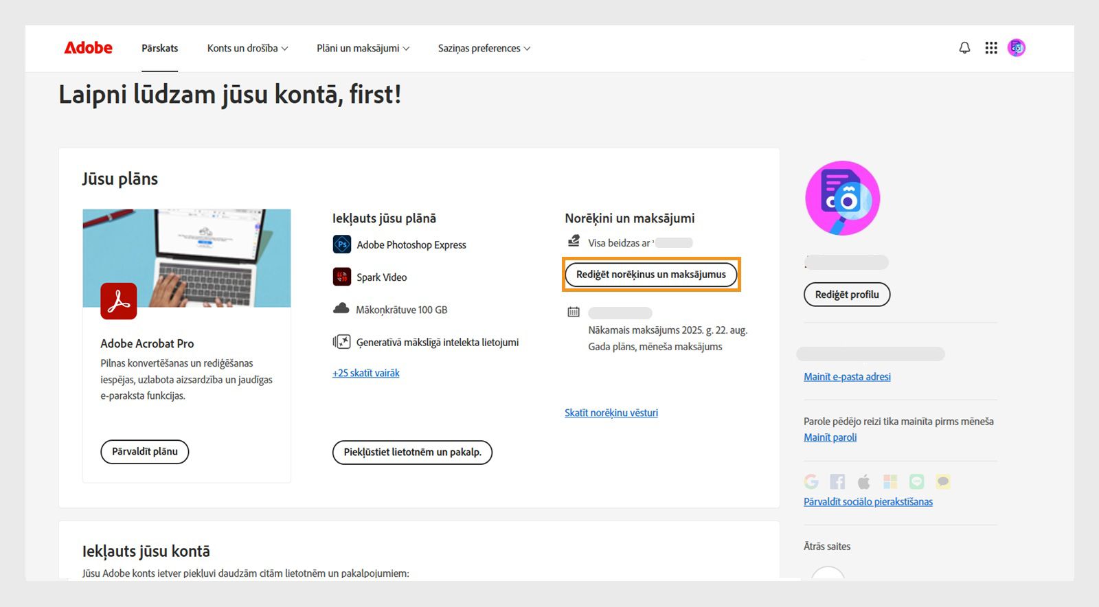 Rediģēt norēķinu un maksājumu informāciju