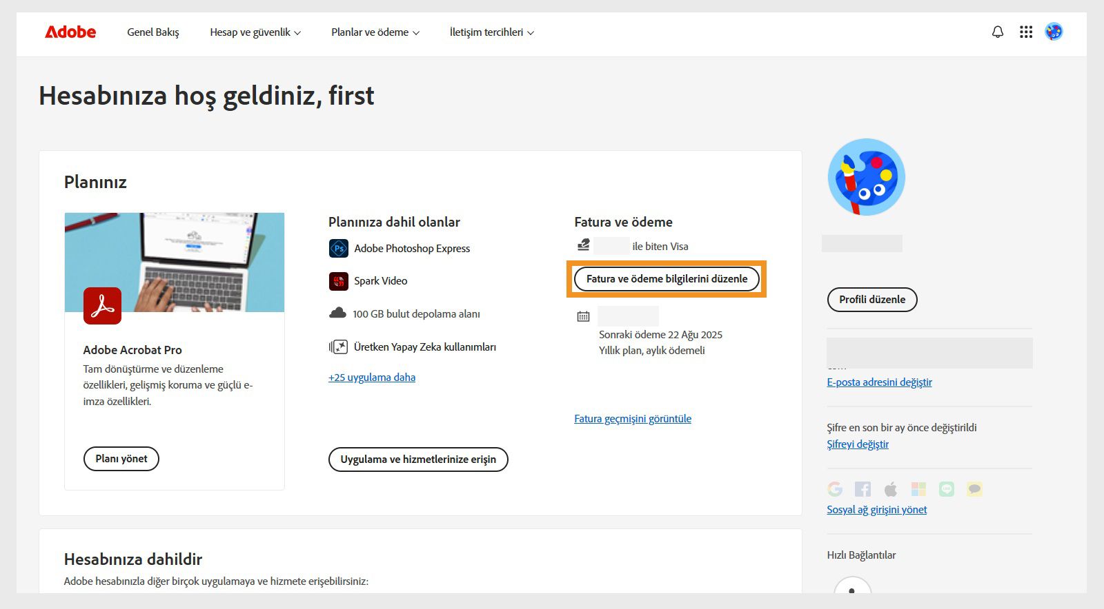 Fatura ve ödeme bilgilerini düzenleme
