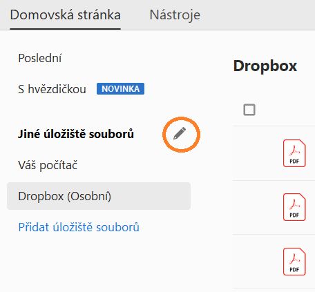 Tlačítko Upravit pro online účty