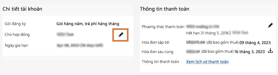 Trang thông tin tài khoản có biểu tượng chỉnh sửa dành cho chủ hợp đồng được tô sáng.