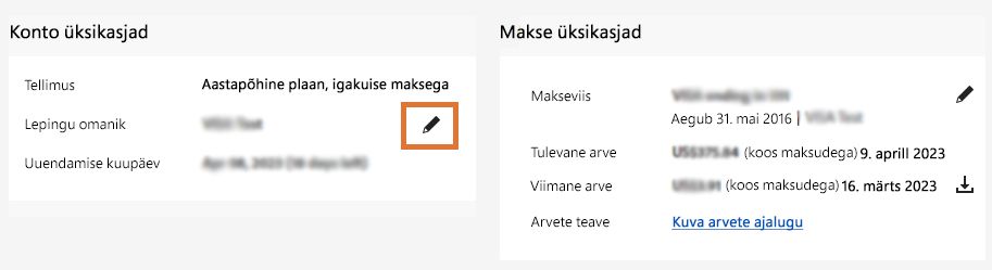 Konto andmete lehekülg, kus lepingu omaniku redigeerimise ikoon on esile tõstetud.