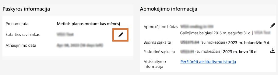 Paskyros informacijos puslapis su paryškinta sutarties savininko redagavimo piktograma.