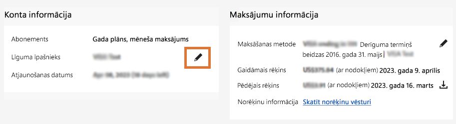 Konta informācijas lapa ar izceltu līguma īpašnieka rediģēšanas ikonu.