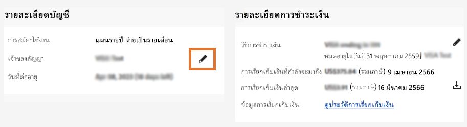 หน้ารายละเอียดบัญชีพร้อมไอคอนแก้ไขสำหรับเจ้าของสัญญาซึ่งถูกไฮไลท์อยู่
