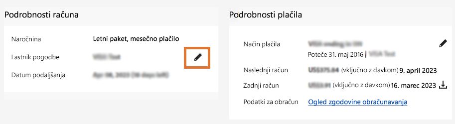 Stran s podatki o računu z označeno ikono za urejanje lastnika pogodbe.