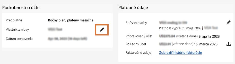 Stránka s podrobnosťami o konte so zvýraznenou ikonou úprav vlastníka zmluvy.