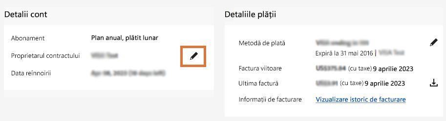 Pagină cu detaliile contului cu pictograma de editare a titularului de contract evidențiată.
