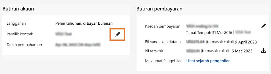 Halaman butiran akaun dengan ikon edit untuk pemilik kontrak diserlahkan.