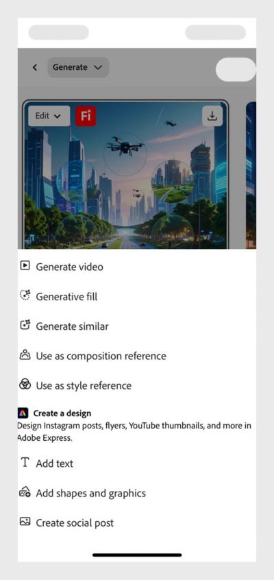 When you tap a generated image, you'll see several options. The Edit option is selected, and you can choose from options like Generate video, Generative similar, Use as style reference, and more.