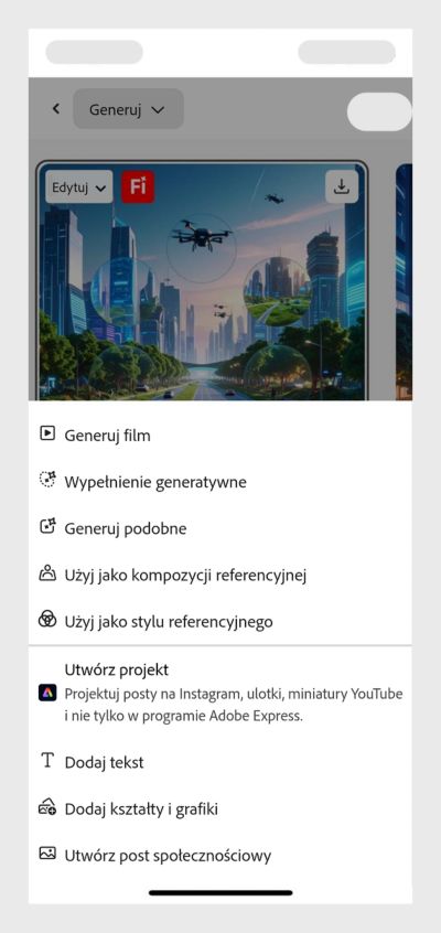 Po dotknięciu wygenerowanego obrazu pojawi się kilka opcji. Po wybraniu opcji Edytuj dostępne są opcje takie jak Generuj wideo, Generuj podobne, Użyj jako odniesienia do stylu i inne.
