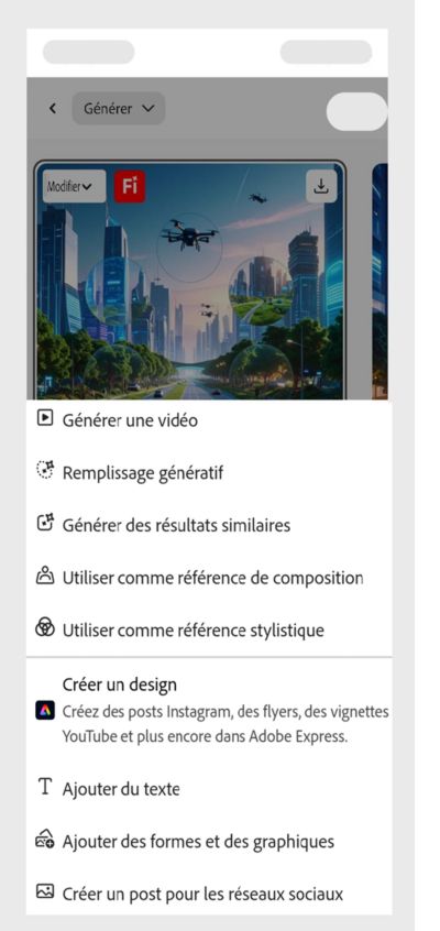 Lorsque vous appuyez sur une image générée, plusieurs options s’affichent. L’option Modifier est sélectionnée et vous pouvez choisir des options telles que Générer une vidéo, Générer des résultats similaires, Utiliser comme référence stylistique, etc.