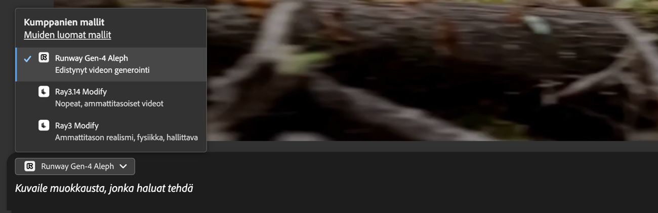 Avattava mallivalikko on avattuna, ja kumppanin videomalli on valittu videon muokkausta varten.