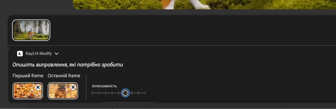 Додано перший кадр і останній кадр, а повзунок «Інтенсивність» виділено для налаштування відповідності згенерованого результату переданим кадрам.