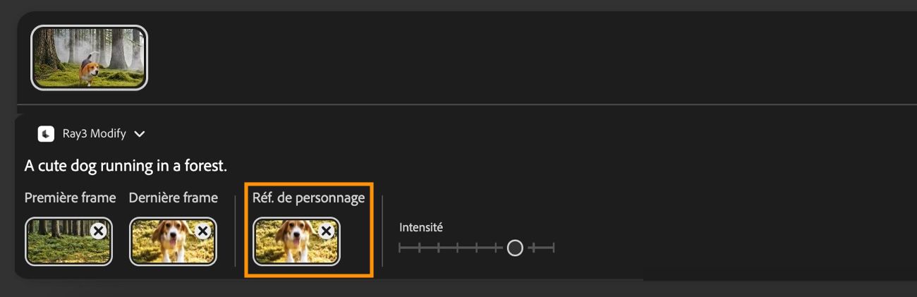 La référence de personnage est sélectionnée et l’image d’un chien est ajoutée pour maintenir la cohérence de l’apparence du personnage lors de la modification de la vidéo.