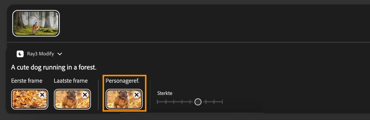Personagereferentie is geselecteerd en er is een afbeelding van een hond toegevoegd om het uiterlijk van het personage consistent te houden tijdens het wijzigen van de video.