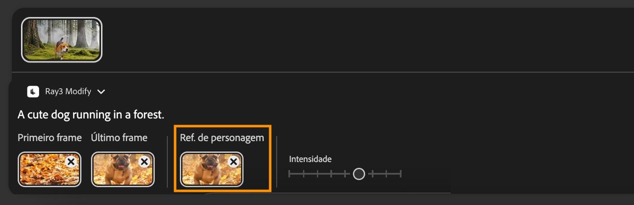 A Referência de personagem é selecionada e a imagem de um cão é adicionada para manter a consistência da aparência do personagem ao modificar o vídeo.