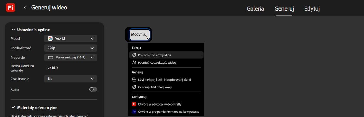 Opcje edycji wideo są wyświetlane po najechaniu kursorem na wygenerowane wideo.