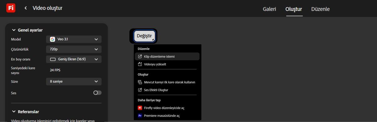 İmlecinizi oluşturulan video üzerine getirdiğinizde videoyu düzenleme seçenekleri görüntülenir.