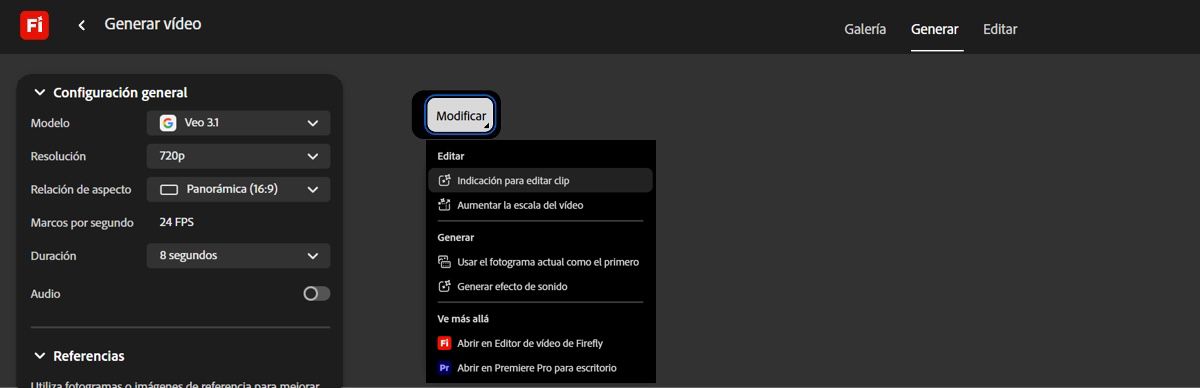 Las opciones para editar el vídeo se muestran al pasar el cursor sobre el vídeo generado.
