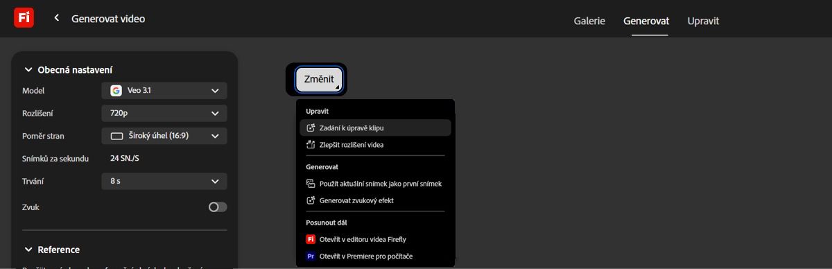 Možnosti pro úpravu videa se zobrazí, když najedete kurzorem na vygenerované video.