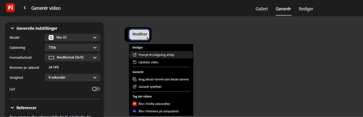 Indstillingerne til at redigere videoen vises, når du holder markøren over den genererede video.