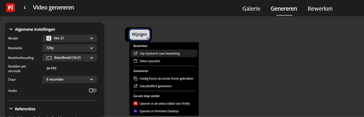 De opties om de video te bewerken worden weergegeven wanneer je je cursor over de gegenereerde video beweegt.