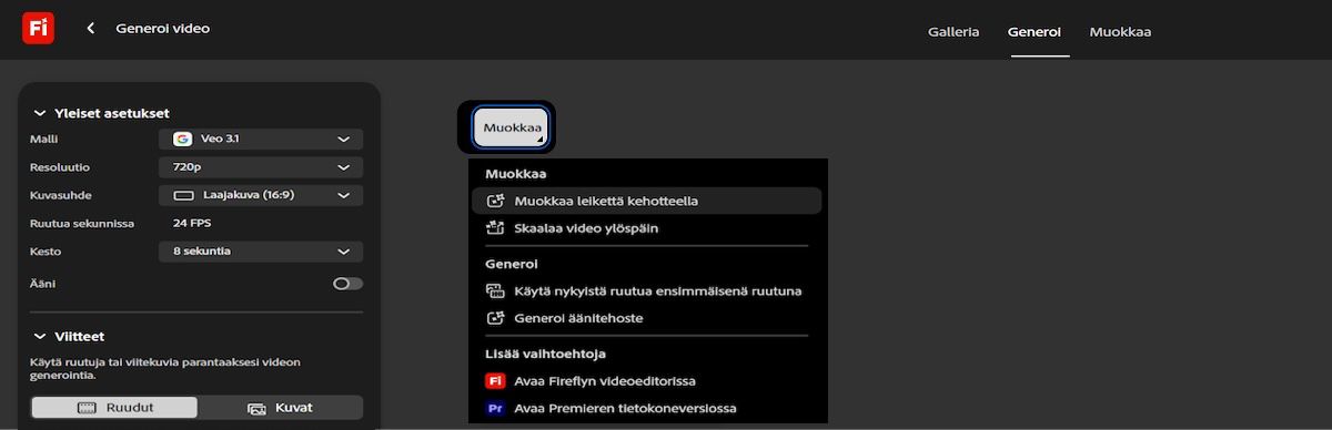 Videon muokkausvaihtoehdot näkyvät, kun viet hiiresi osoittimen generoidun videon päälle.