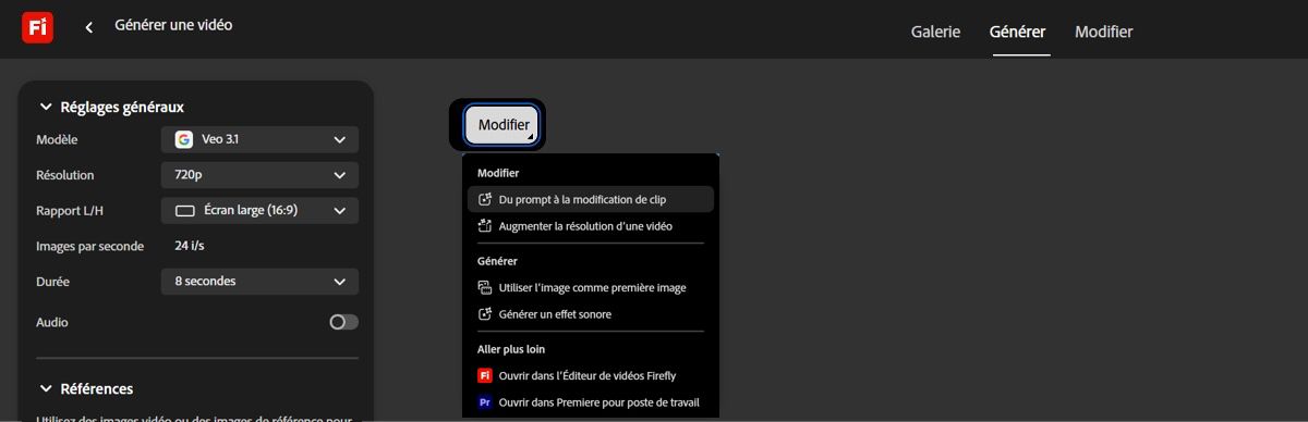 Les options pour modifier la vidéo s’affichent lorsque vous placez votre curseur sur la vidéo générée.