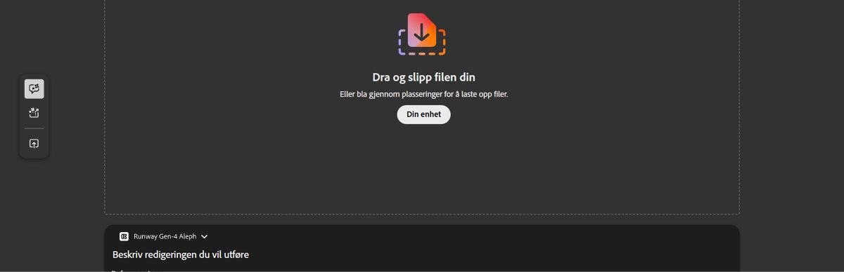 Rediger-fanen på Generer video-skjermbildet viser et tomt arbeidsområde med muligheten til å laste opp en video.