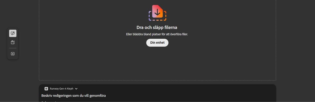 Fliken Redigera på skärmen Generera video visar en tom arbetsyta med alternativet att ladda upp en video.