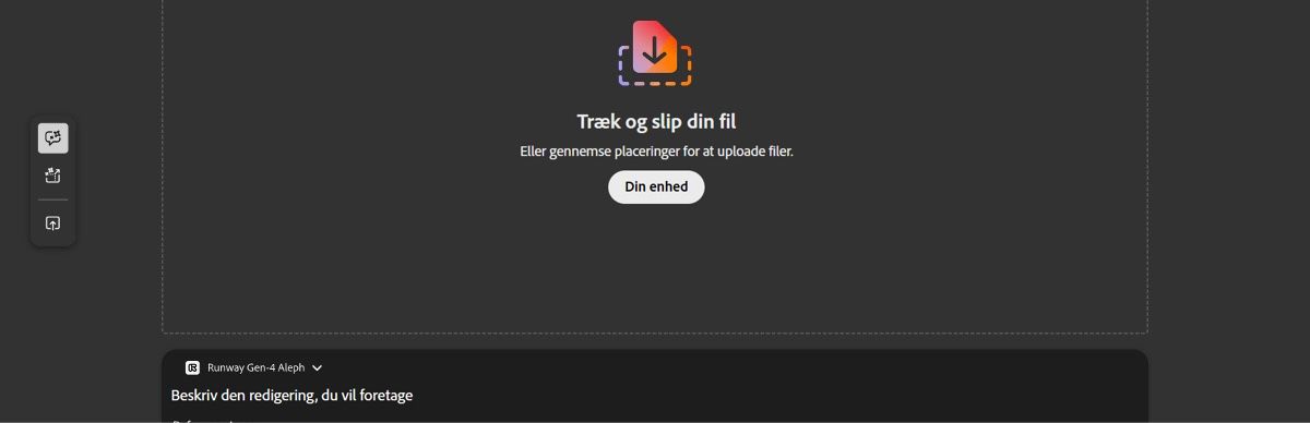 Fanen Rediger på skærmen Generér video viser et tomt arbejdsrum med mulighed for at uploade en video.