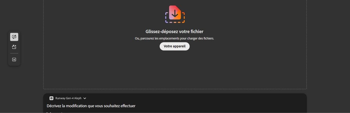 L’onglet Modifier de l’écran Générer une vidéo affiche un espace de travail vierge avec l’option qui permet de charger une vidéo.