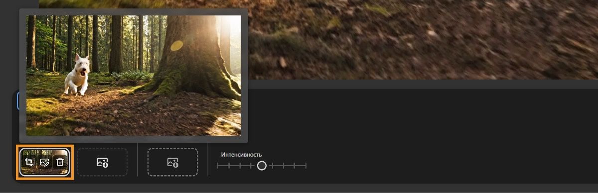 В меню «Первый кадр» показано добавленное изображение с наложением трех значков — кадрирование, редактирование и удаление.