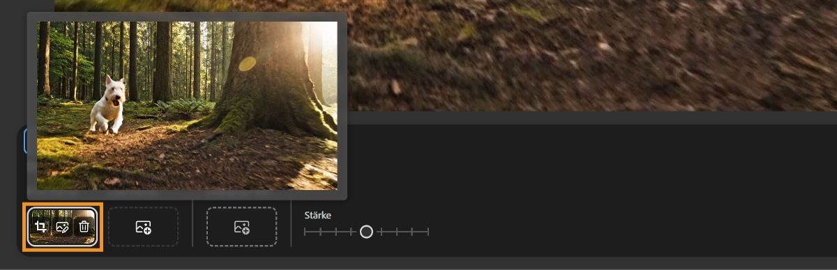 Das Menü „Erster Frame" zeigt ein hinzugefügtes Bild mit einem Overlay aus drei Symbolen: Zuschneiden, Bearbeiten und Entfernen.