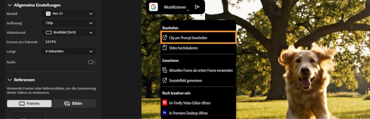 Die Optionen zum Bearbeiten des Videos werden angezeigt, wenn du den Mauszeiger über das generierte Video bewegst.