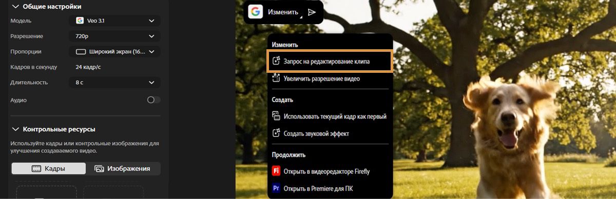 Параметры для редактирования видео отображаются при наведении курсора на созданное видео.