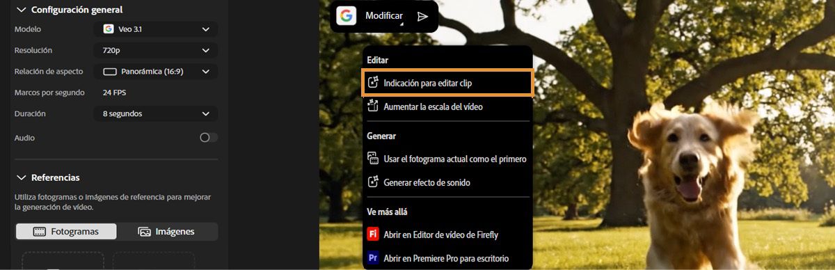Las opciones para editar el vídeo se muestran al pasar el cursor sobre el vídeo generado.