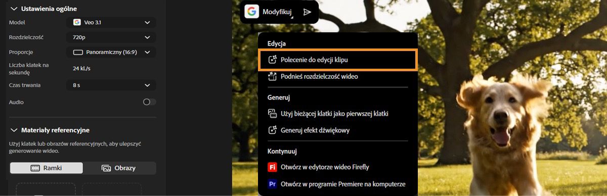 Opcje edycji wideo są wyświetlane po najechaniu kursorem na wygenerowane wideo.