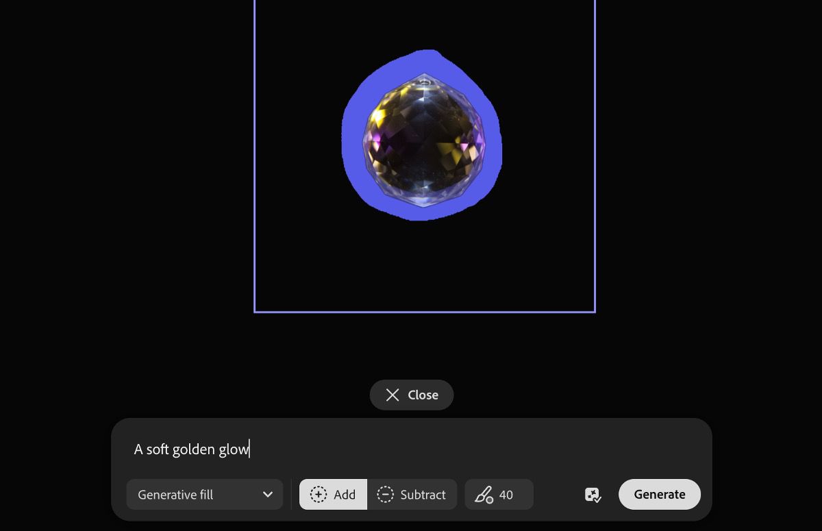 A imagem na tela está selecionada e a opção de adicionar ou subtrair seções usando Preenchimento generativo está disponível.