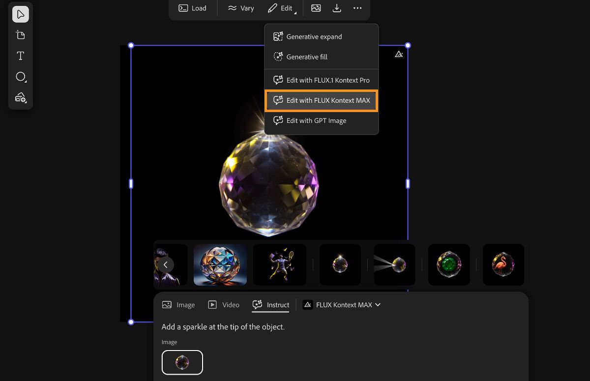 カンバス内の画像を選択し、ドロップダウンメニューから「FLUX Kontext MAX で編集」を選択します。